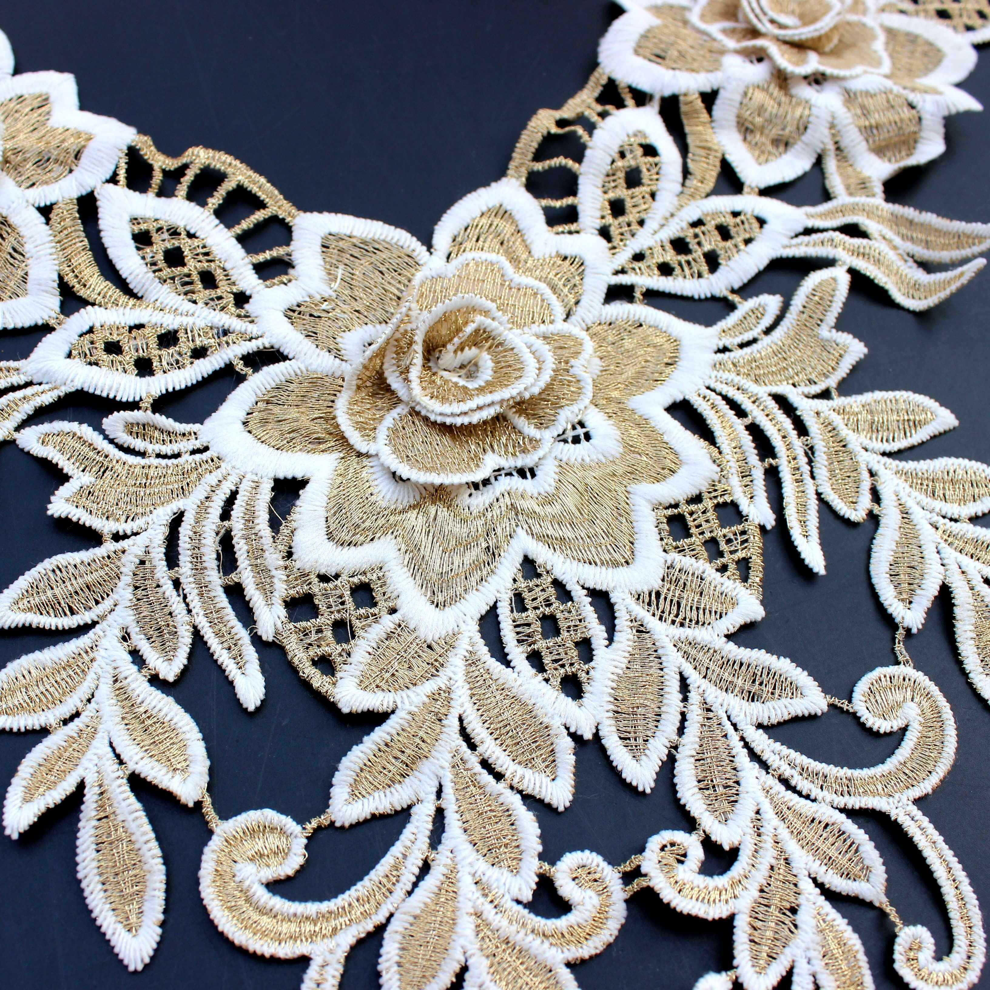 Zeal White Gold Lace Fabric Embroidered Cotton Neckline Collar Patchwork Applique Trim DIY Crafts Sewing Supplies Decorated