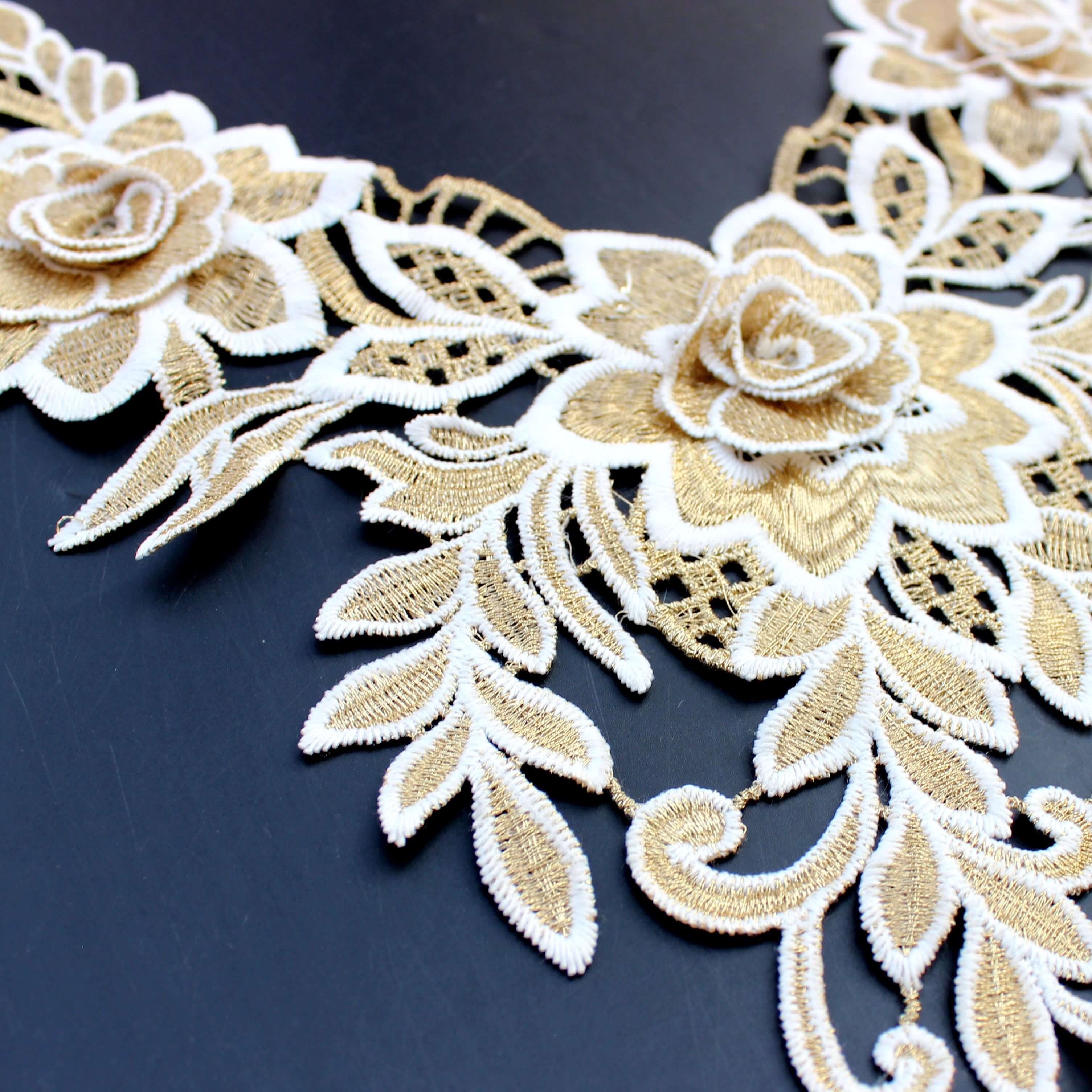 Zeal White Gold Lace Fabric Embroidered Cotton Neckline Collar Patchwork Applique Trim DIY Crafts Sewing Supplies Decorated
