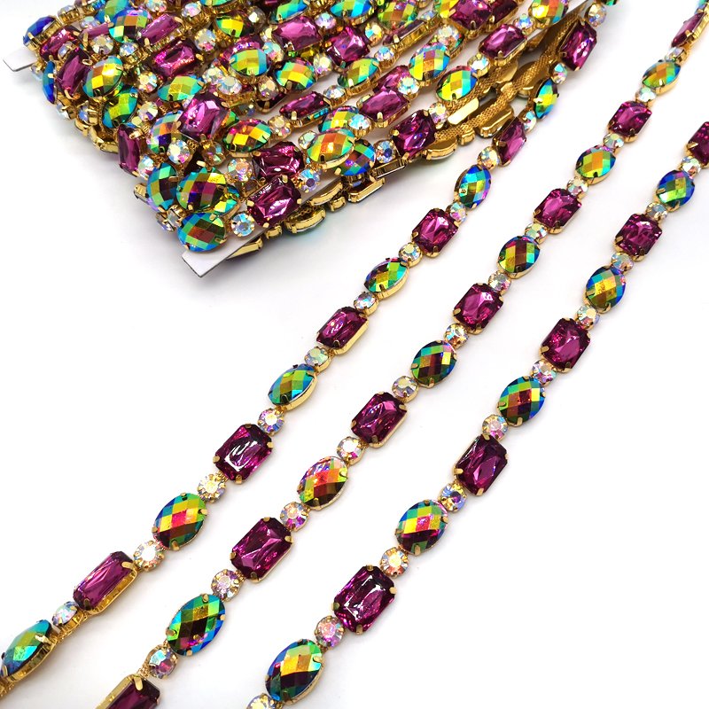 Carnival Customizable Costume Accessories Oval Octagon Iridescent Resin Rhinestone Chain Trimming Bags Motif Rhinestones Sew-On