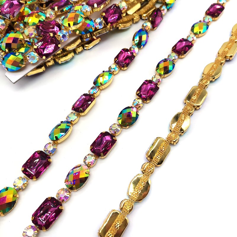Carnival Customizable Costume Accessories Oval Octagon Iridescent Resin Rhinestone Chain Trimming Bags Motif Rhinestones Sew-On