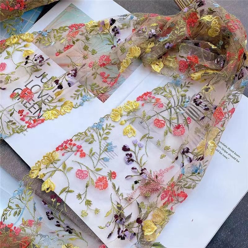 21CM Wide Embroidered Floral Trim Ribbon Roll 3D Floral Embroidery Lace Trim Fabric