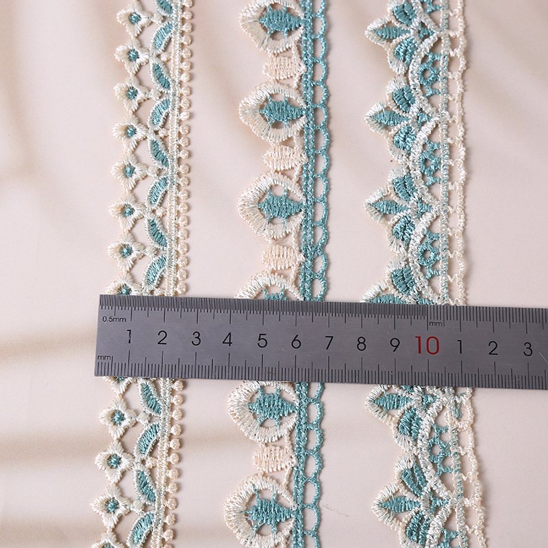 width 3 cm blue embroidery necklace Lace Trimming green Polyester flowers Lace ribbon for cuff dress