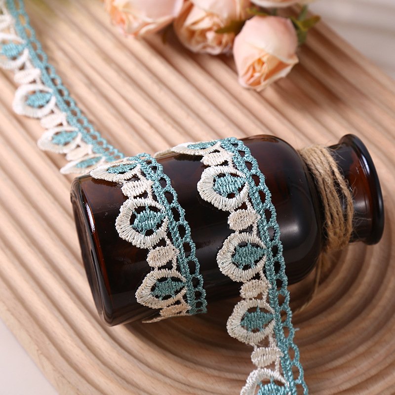 width 3 cm blue embroidery necklace Lace Trimming green Polyester flowers Lace ribbon for cuff dress