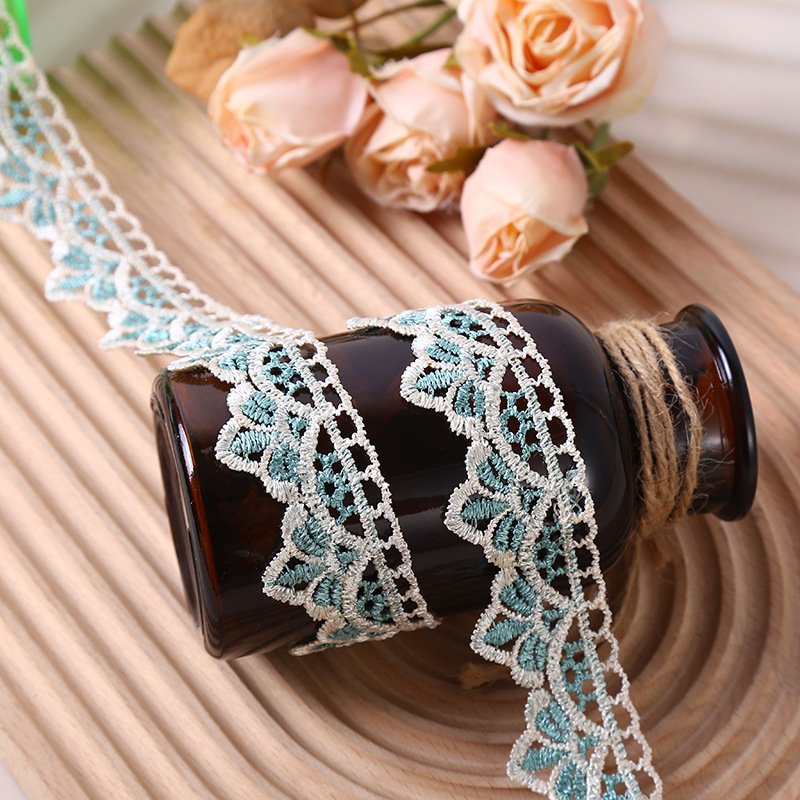 width 3 cm blue embroidery necklace Lace Trimming green Polyester flowers Lace ribbon for cuff dress