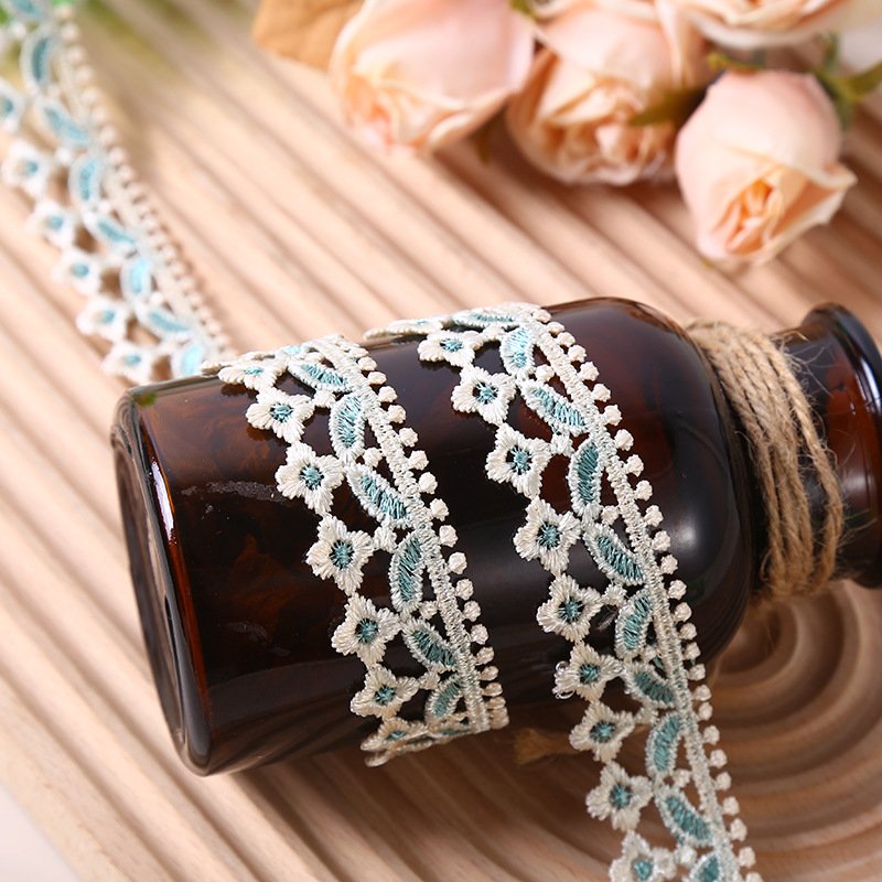 width 3 cm blue embroidery necklace Lace Trimming green Polyester flowers Lace ribbon for cuff dress
