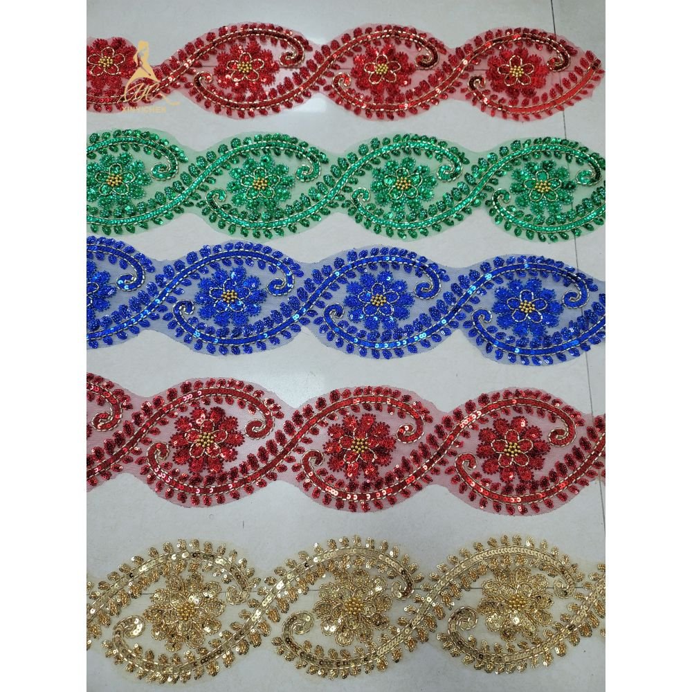 Colorful sequin beads Flower Embroidered Lace Trim Wholesale for dress accessories