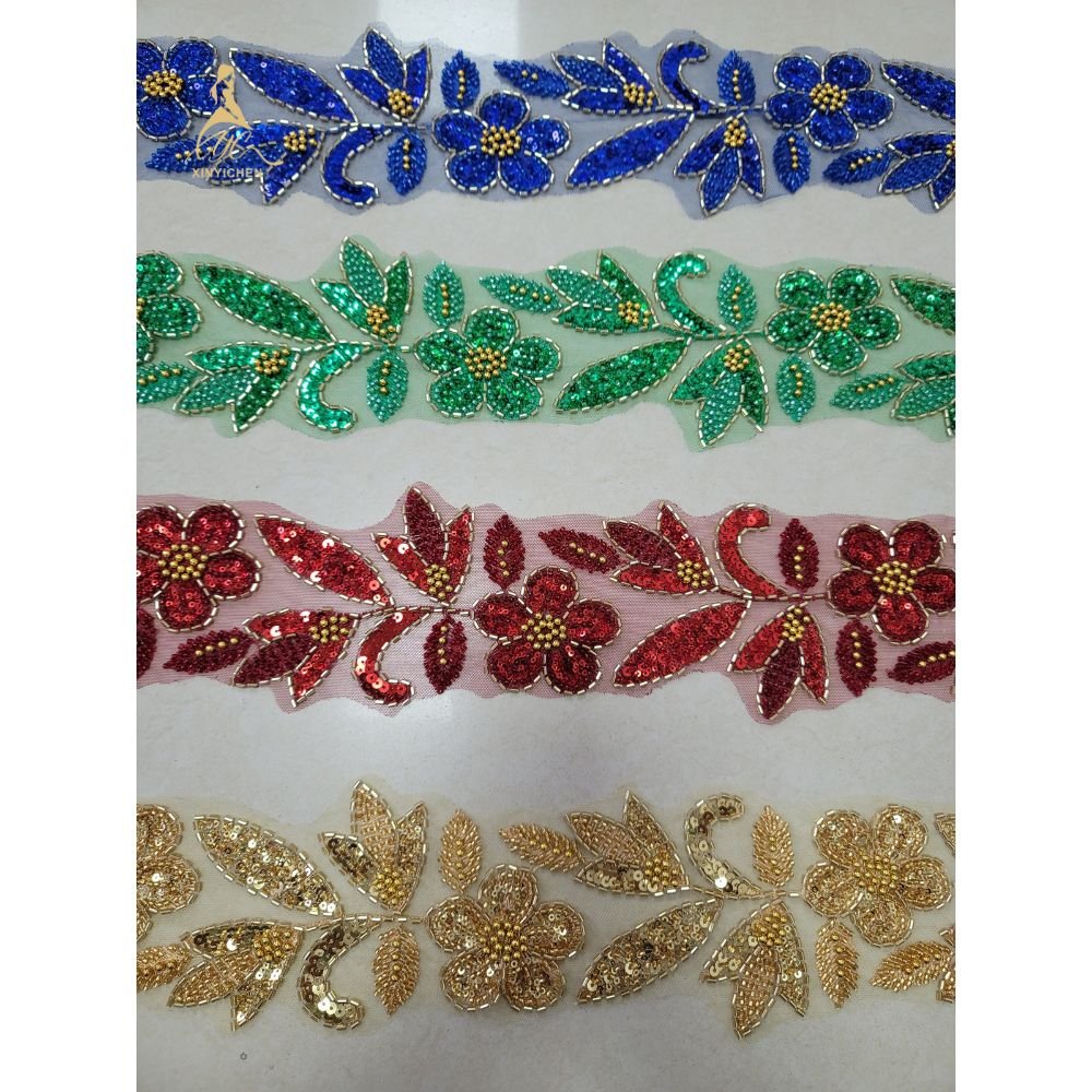 Colorful sequin beads Flower Embroidered Lace Trim Wholesale for dress accessories