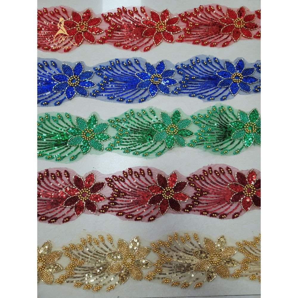 Colorful sequin beads Flower Embroidered Lace Trim Wholesale for dress accessories