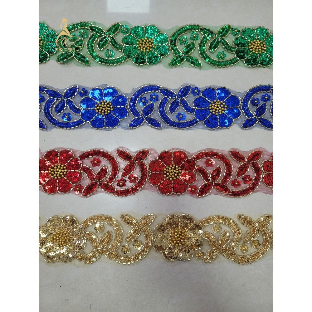 Colorful sequin beads Flower Embroidered Lace Trim Wholesale for dress accessories