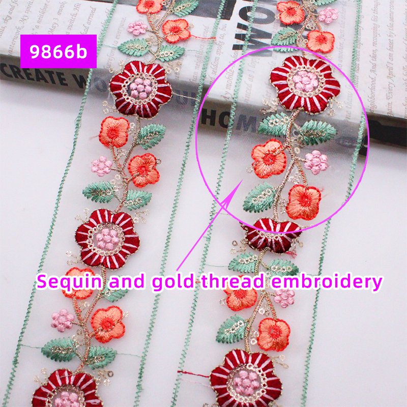 Fashionable Multi-Color Polyester-Thread Organza Mesh with 3D Flower Embroidery Lace Sequin-Decorated Bottom Lace