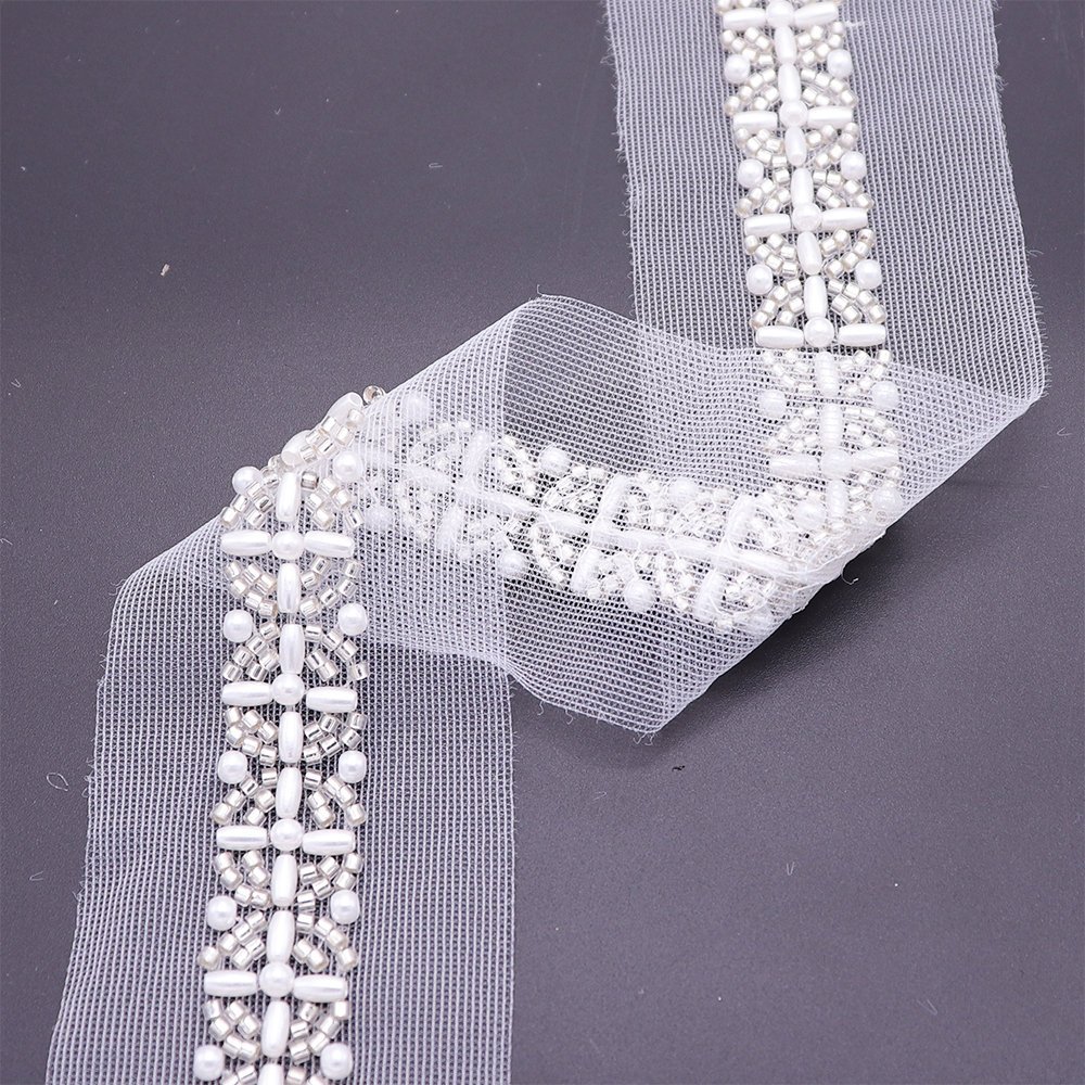 Fashionable Bridal Dress Decoration Mesh Lace Trim Applique Embroidery New Pearls Trimming Bead Lace