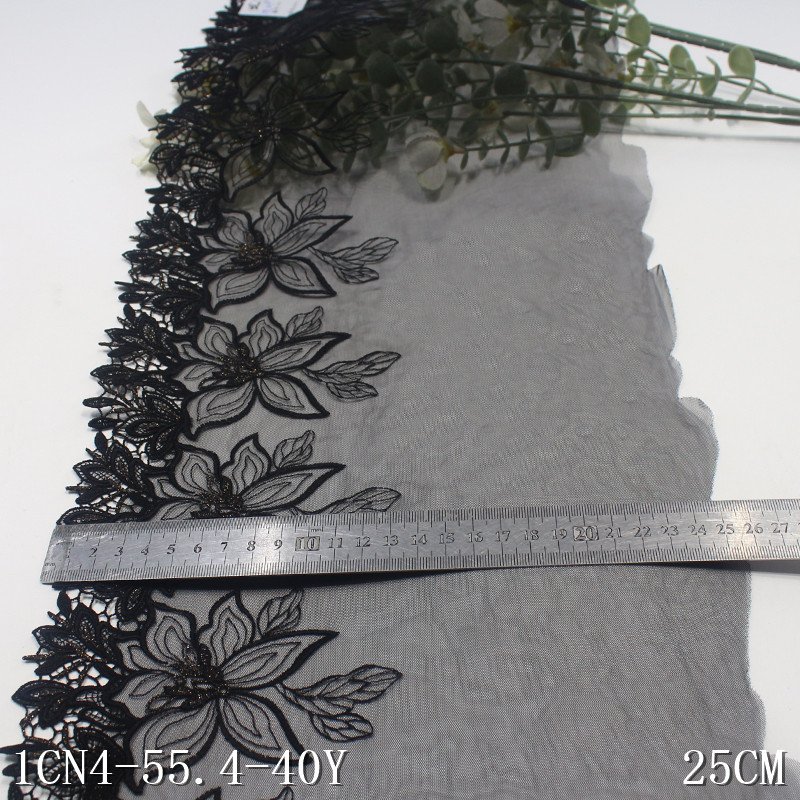 Luxury Soft 25cm black Tulle Lace trim shiny floral embroidery encaje tul bordado Lace Fabric Water Soluble Edge lace for dress