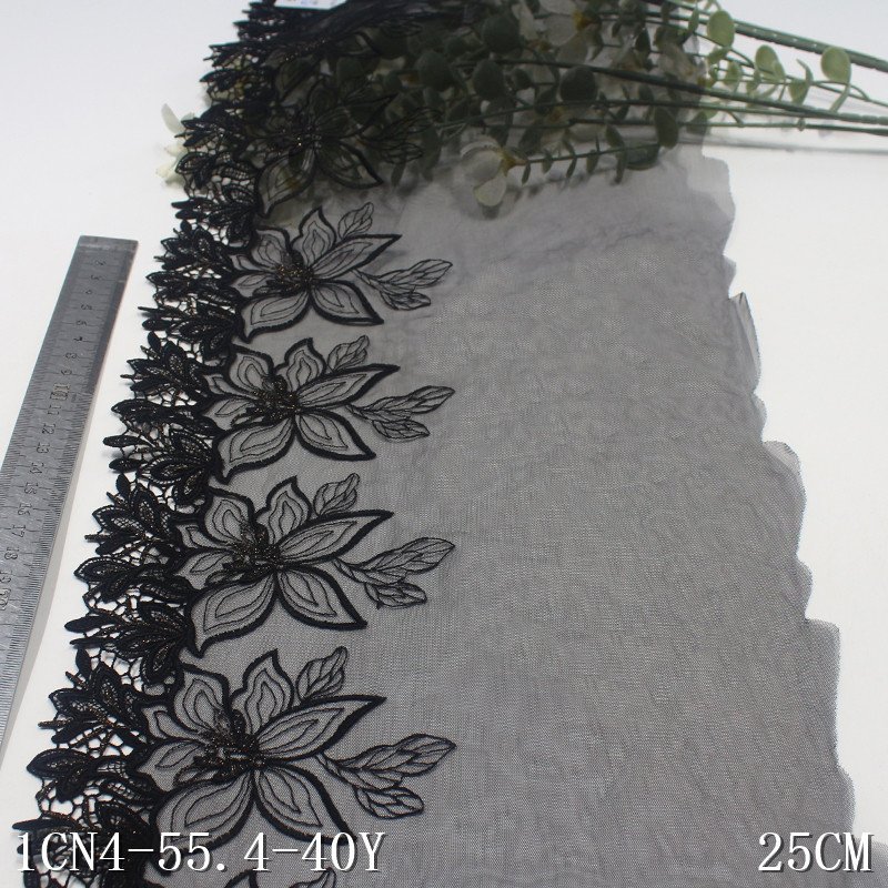 Luxury Soft 25cm black Tulle Lace trim shiny floral embroidery encaje tul bordado Lace Fabric Water Soluble Edge lace for dress