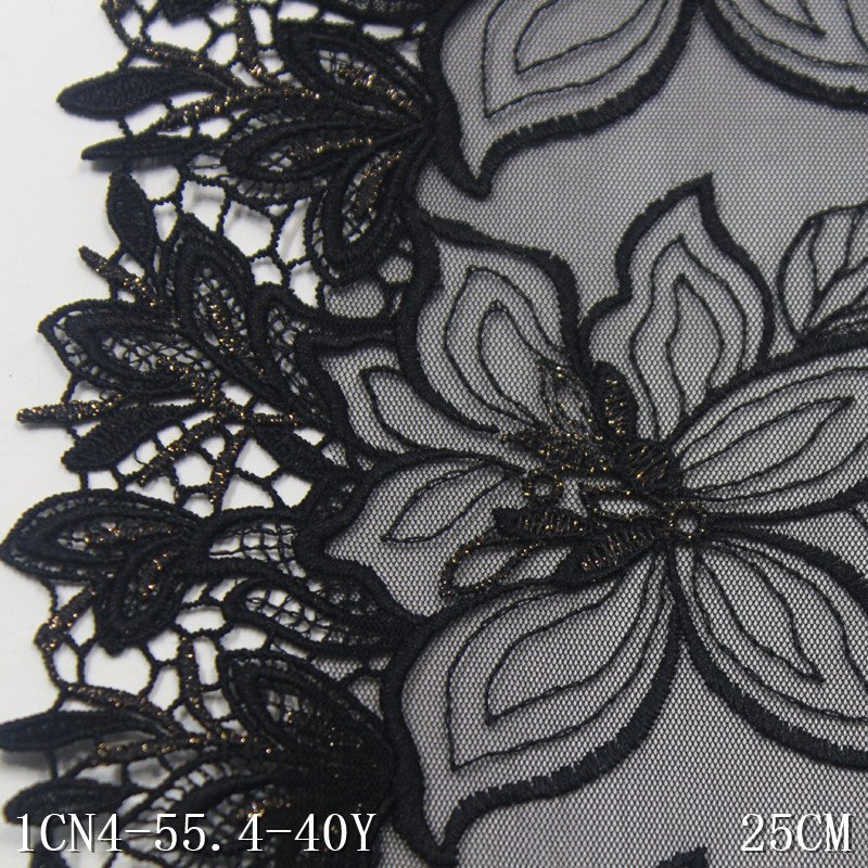 Luxury Soft 25cm black Tulle Lace trim shiny floral embroidery encaje tul bordado Lace Fabric Water Soluble Edge lace for dress