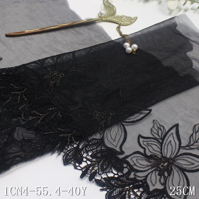 Luxury Soft 25cm black Tulle Lace trim shiny floral embroidery encaje tul bordado Lace Fabric Water Soluble Edge lace for dress