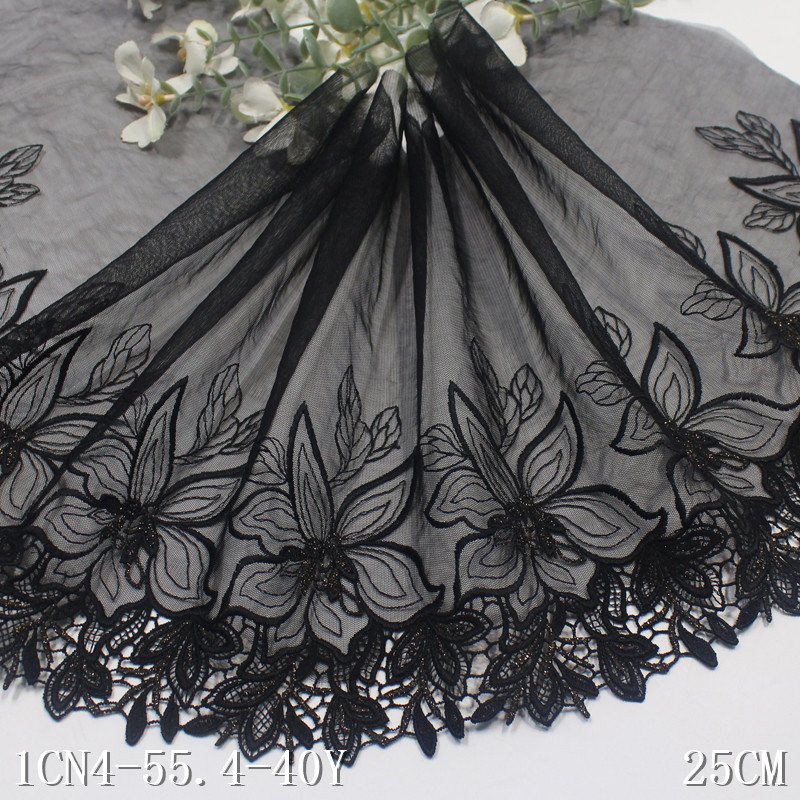 Luxury Soft 25cm black Tulle Lace trim shiny floral embroidery encaje tul bordado Lace Fabric Water Soluble Edge lace for dress