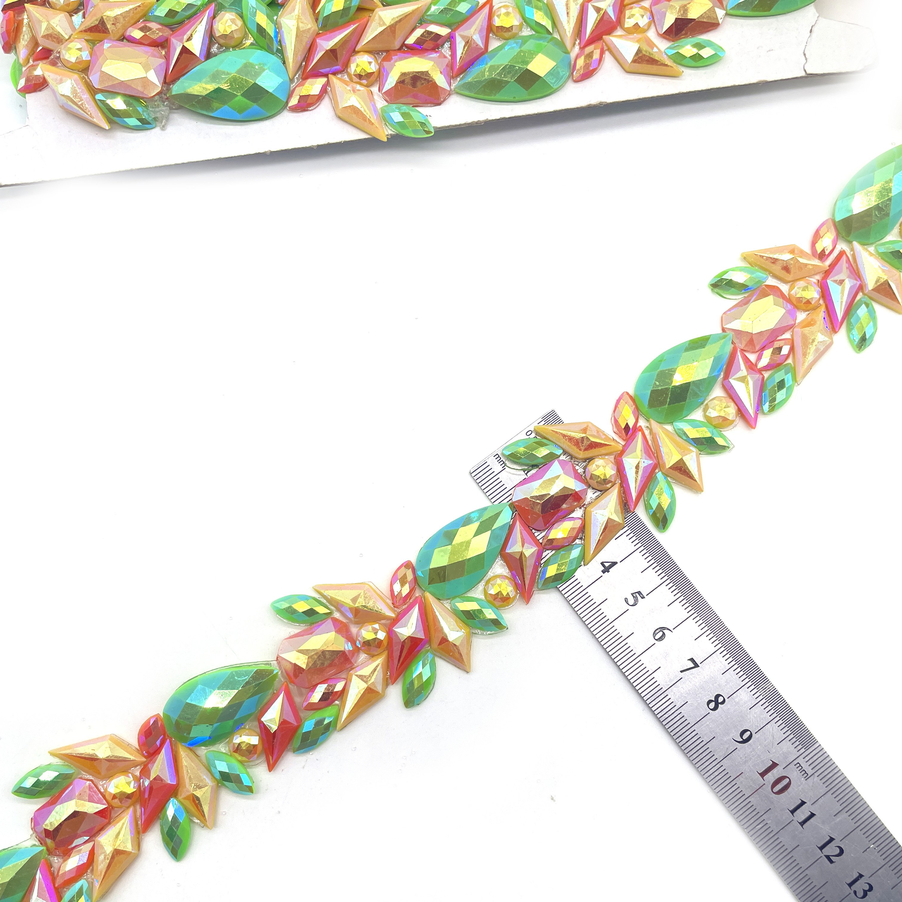 Shine Elegance Crystal AB Green & Yellow AB Rhinestone Iron-On Trim bordered Hot fix Trimming for Carnival Bag costumes
