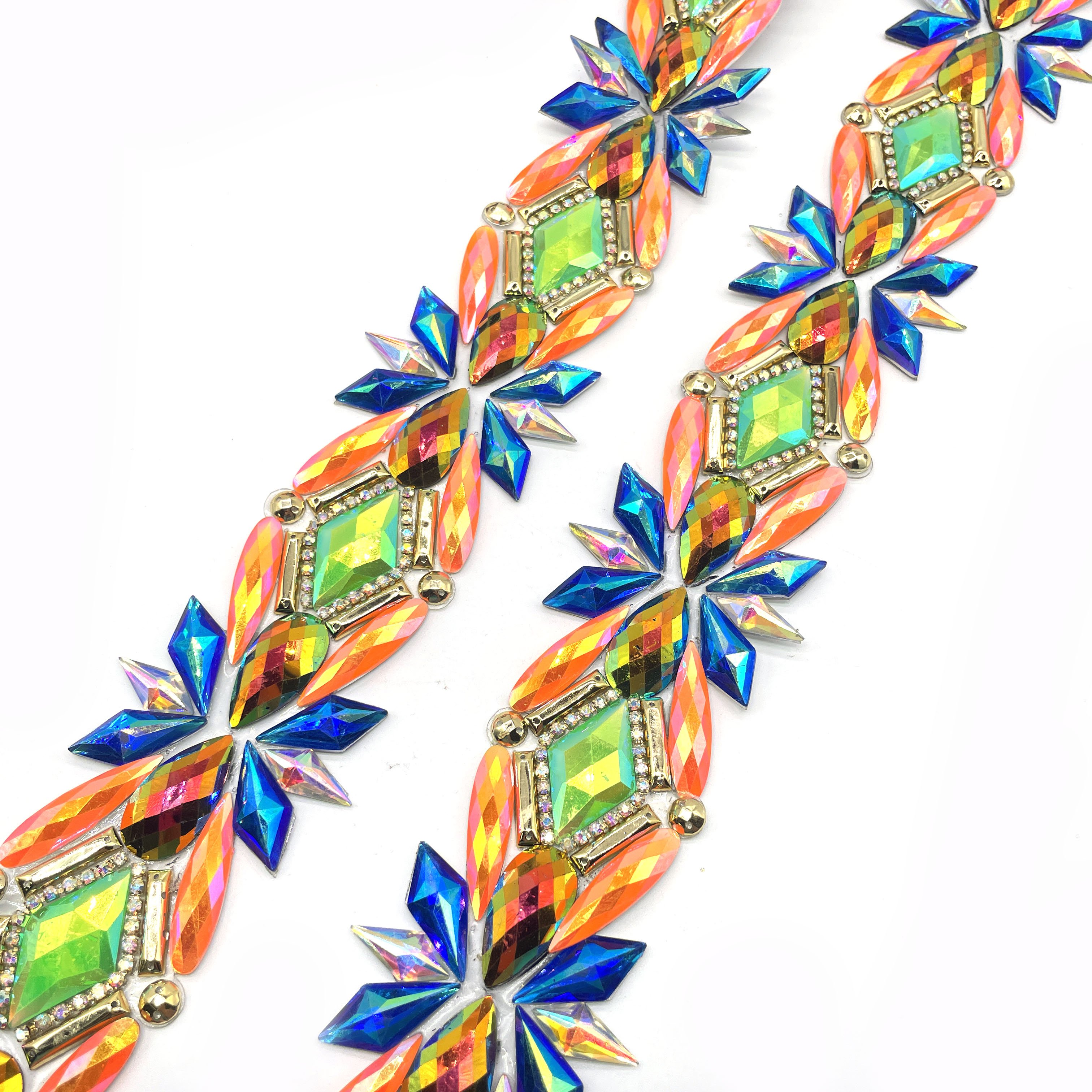 Shine Elegance Crystal AB Green & Yellow AB Rhinestone Iron-On Trim bordered Hot fix Trimming for Carnival Bag costumes
