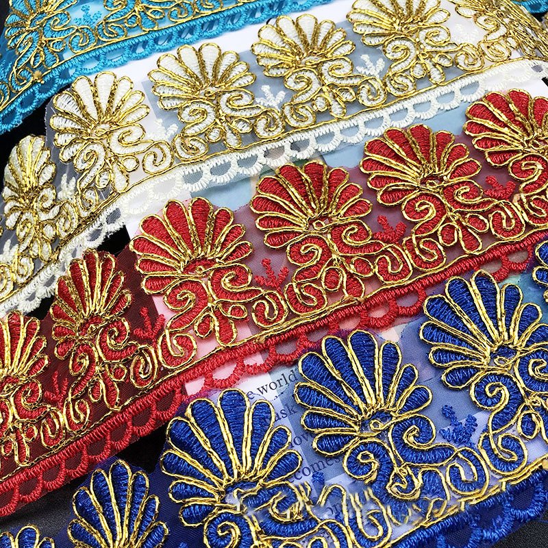 Ready To Ship Ethnic Design Curtain Lace Decorative Gold Metallic Yarn Embroidery Lace Trim Colorful Border Lace Trim