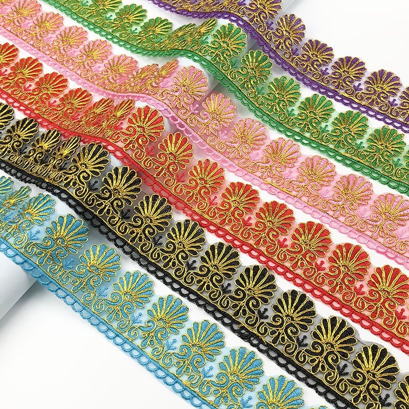 Ready To Ship Ethnic Design Curtain Lace Decorative Gold Metallic Yarn Embroidery Lace Trim Colorful Border Lace Trim