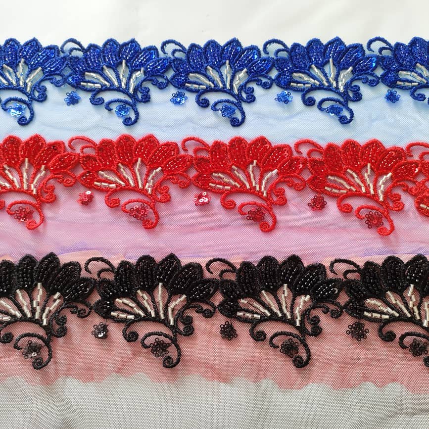 custom high quality Colors polyester lace gold thread sequin embroidery lace trim