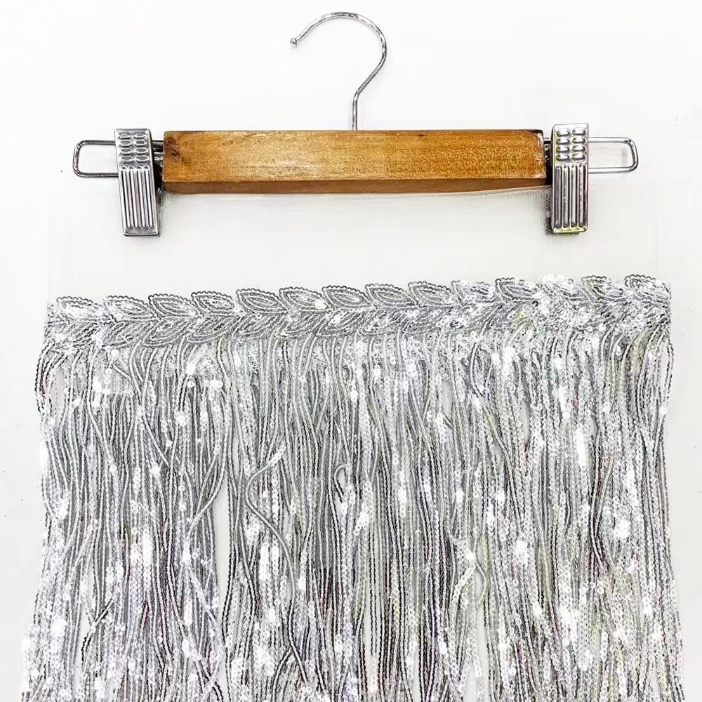 R418 fancy 8inch embroidery sequin lace trim sequin tassel fringe trim for dance dress