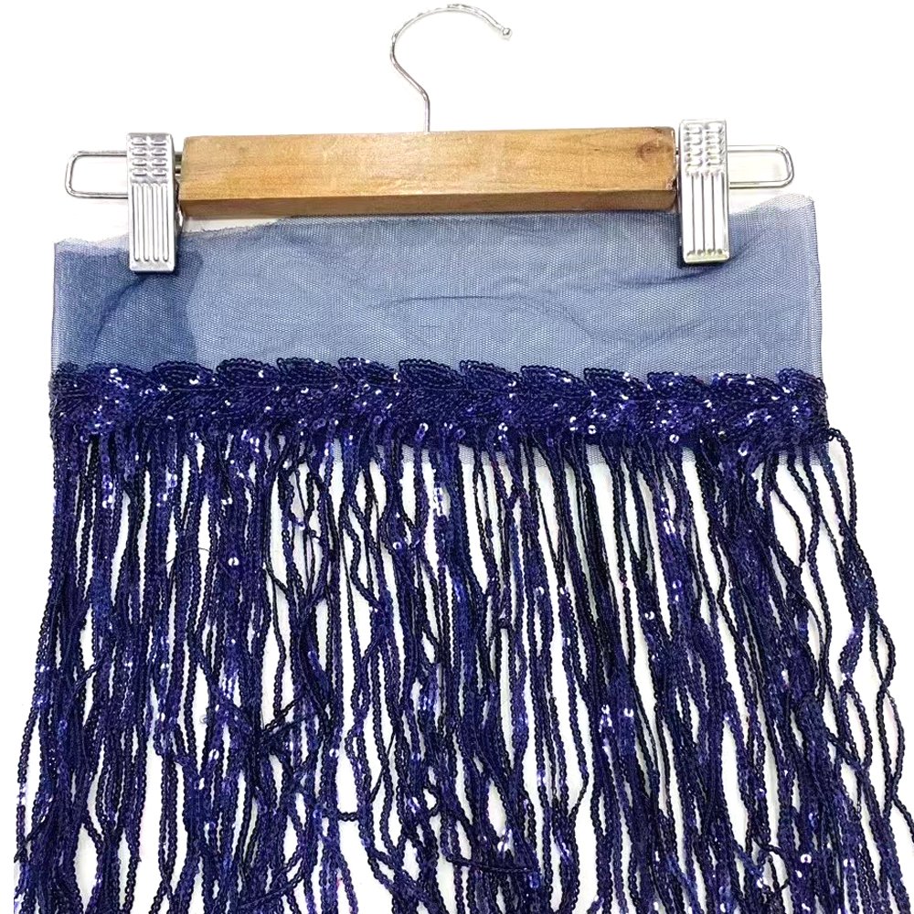 R418 fancy 8inch embroidery sequin lace trim sequin tassel fringe trim for dance dress