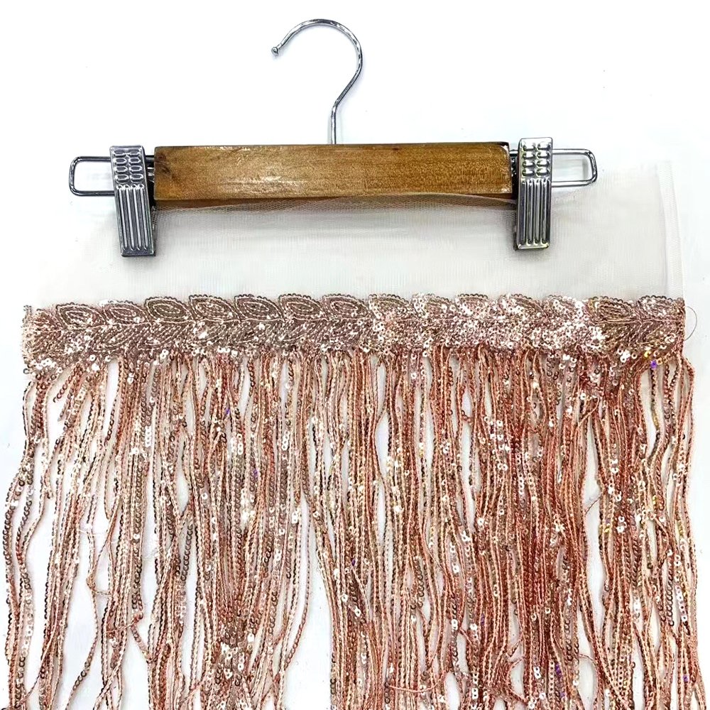 R418 fancy 8inch embroidery sequin lace trim sequin tassel fringe trim for dance dress