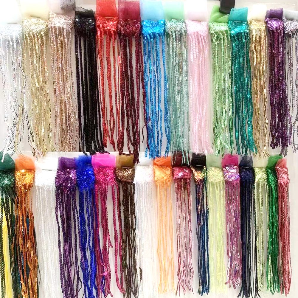 R418 fancy 8inch embroidery sequin lace trim sequin tassel fringe trim for dance dress