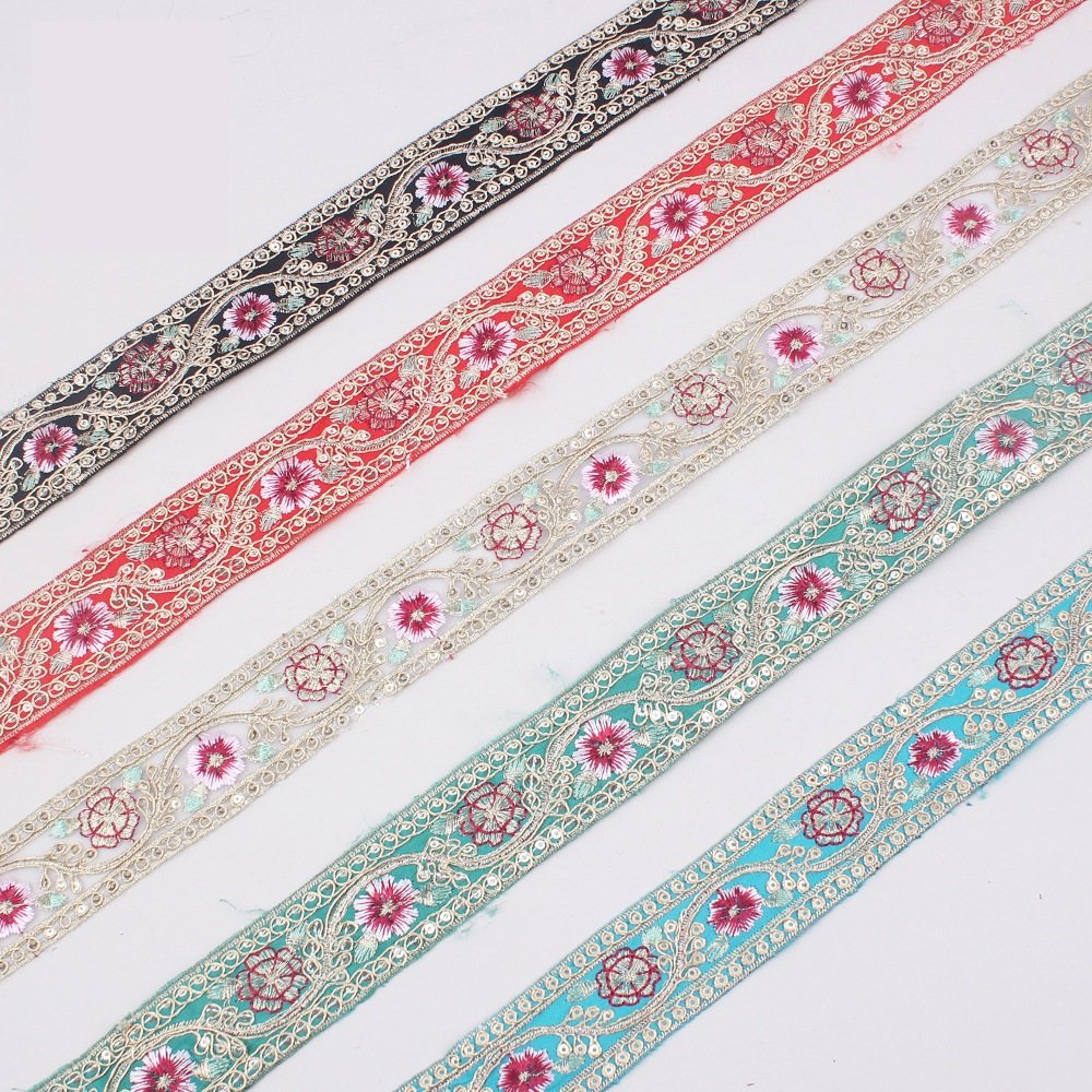 Hot Sale 4.5cm Ethnic Lace Trim Embroidery Fabric Sewing Textile Webbing Sequined Flower Lace Ribbon For Dress