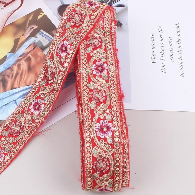 Hot Sale 4.5cm Ethnic Lace Trim Embroidery Fabric Sewing Textile Webbing Sequined Flower Lace Ribbon For Dress
