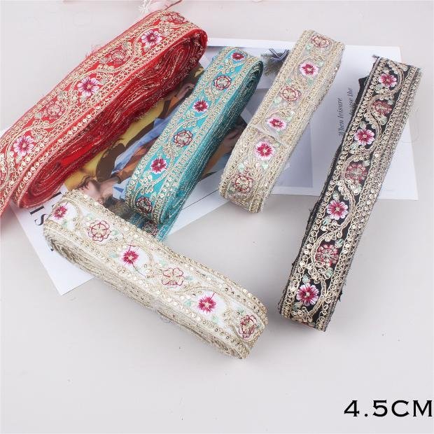 Hot Sale 4.5cm Ethnic Lace Trim Embroidery Fabric Sewing Textile Webbing Sequined Flower Lace Ribbon For Dress