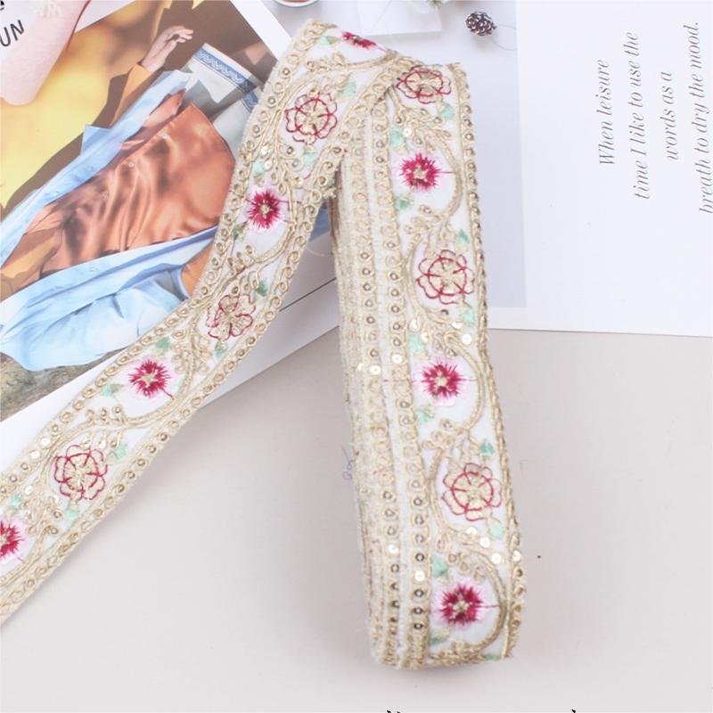 Hot Sale 4.5cm Ethnic Lace Trim Embroidery Fabric Sewing Textile Webbing Sequined Flower Lace Ribbon For Dress