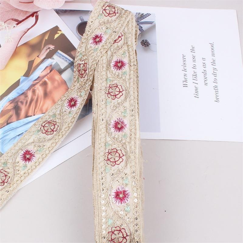 Hot Sale 4.5cm Ethnic Lace Trim Embroidery Fabric Sewing Textile Webbing Sequined Flower Lace Ribbon For Dress