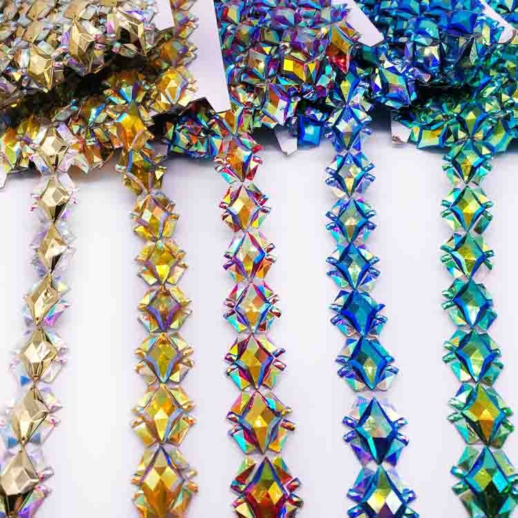 Customized Colorful Applique Rhinestone Trim on roll for Labor day carnival Dress DIY
