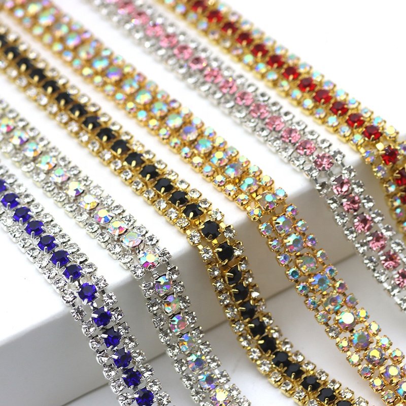 Custom bling crystal ab sew on rhinestone ribbon dress chain trim