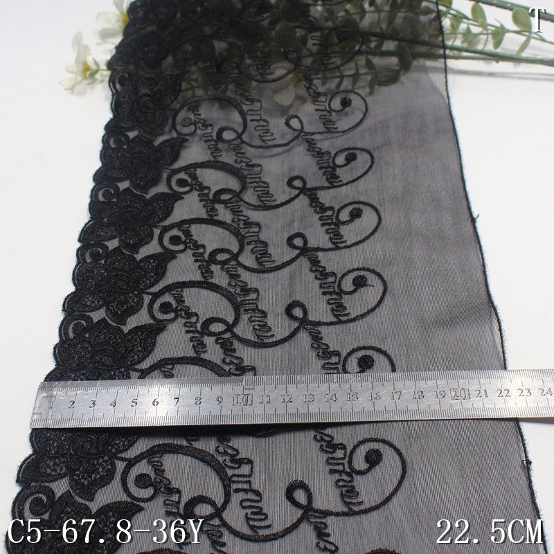 China Wholesale 22cm soft Black Tulle Flower Embroidery Lace Embroidered Lingerie Lace Fabric for Ladies' dress