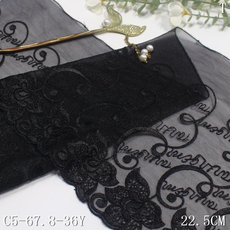 China Wholesale 22cm soft Black Tulle Flower Embroidery Lace Embroidered Lingerie Lace Fabric for Ladies' dress