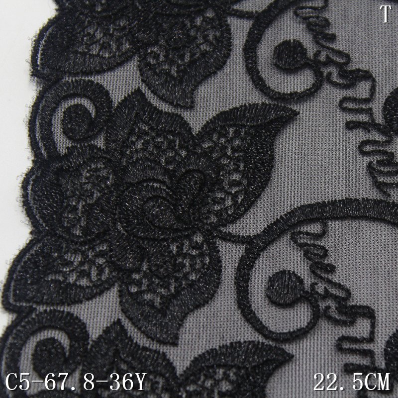 China Wholesale 22cm soft Black Tulle Flower Embroidery Lace Embroidered Lingerie Lace Fabric for Ladies' dress