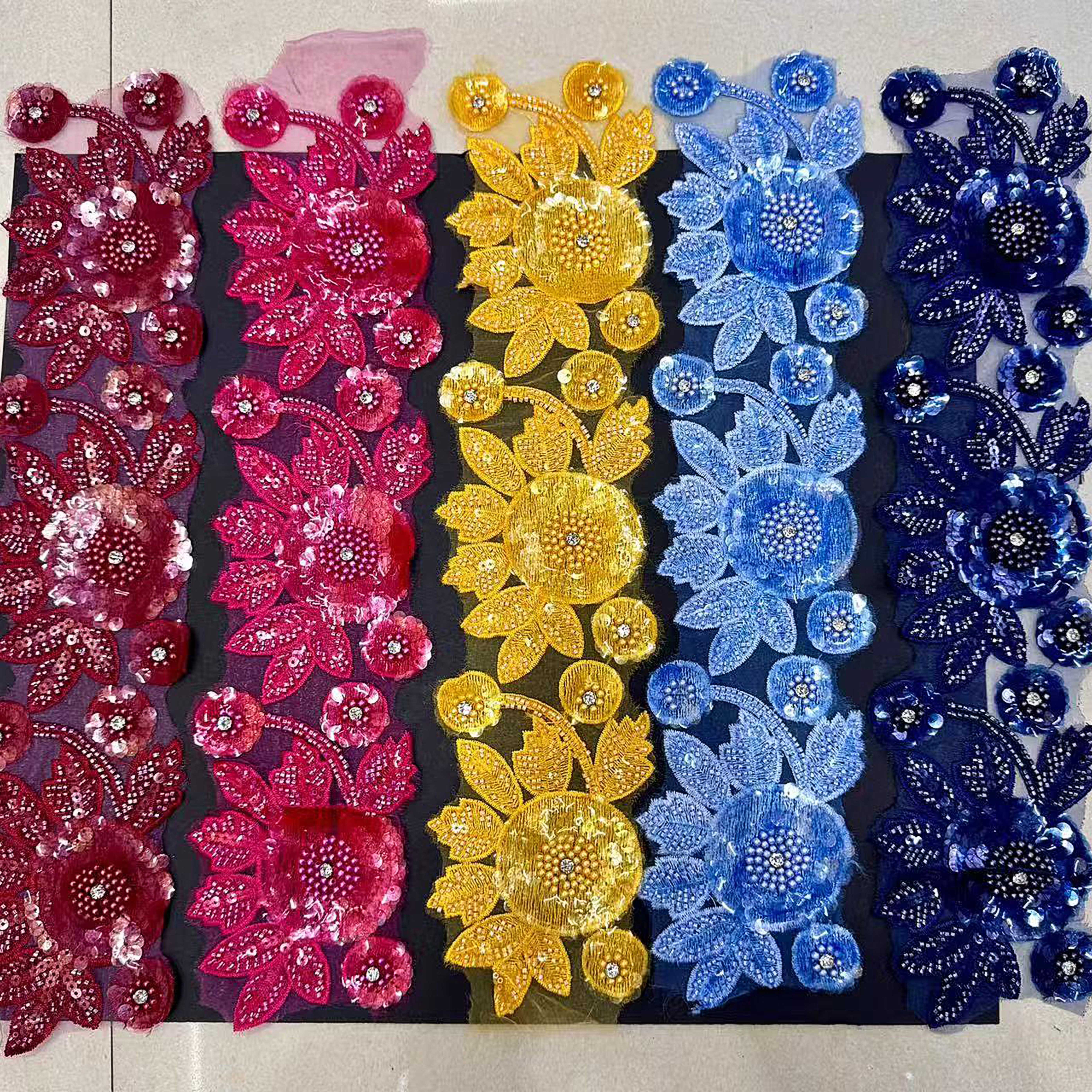 2024 New Polyester Beaded Flower Laces Trim Embroidery Bead Clothing Accessories Trimming Rhinestone Beaded Lace Fabric Applique