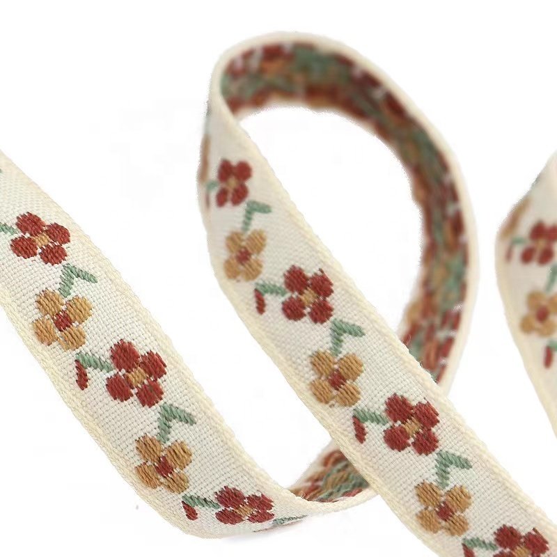 Custom Polyester Floral Ethnic Jacquard Ribbon Trim for Decoration Garment Tribal Narrow Woven Jacquard tape 1000 Yard