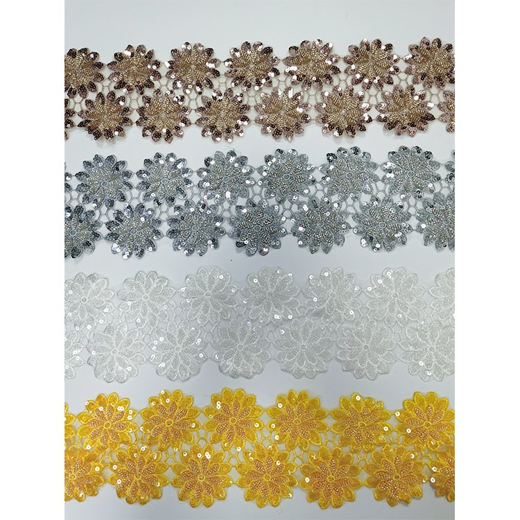 Custom Handmade Beaded Lace Trim Decoration Design Flower Trim Lace Embroidery Beaded Sequined Lace Trim