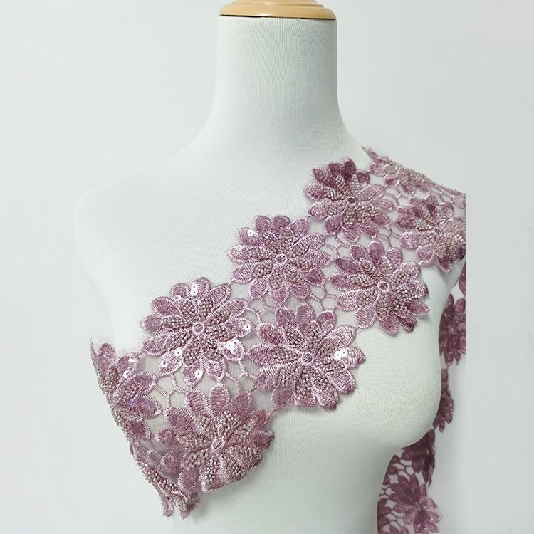 Custom Handmade Beaded Lace Trim Decoration Design Flower Trim Lace Embroidery Beaded Sequined Lace Trim