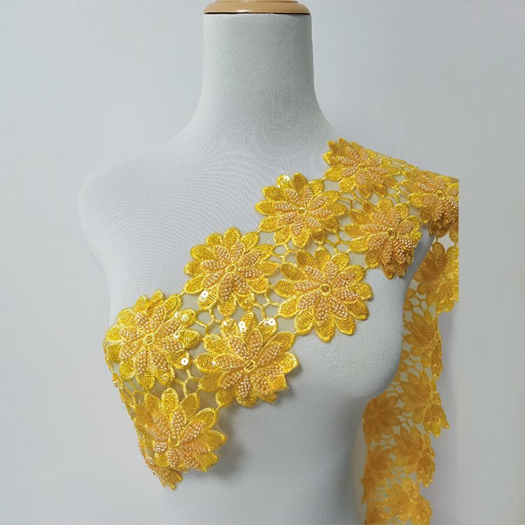 Custom Handmade Beaded Lace Trim Decoration Design Flower Trim Lace Embroidery Beaded Sequined Lace Trim