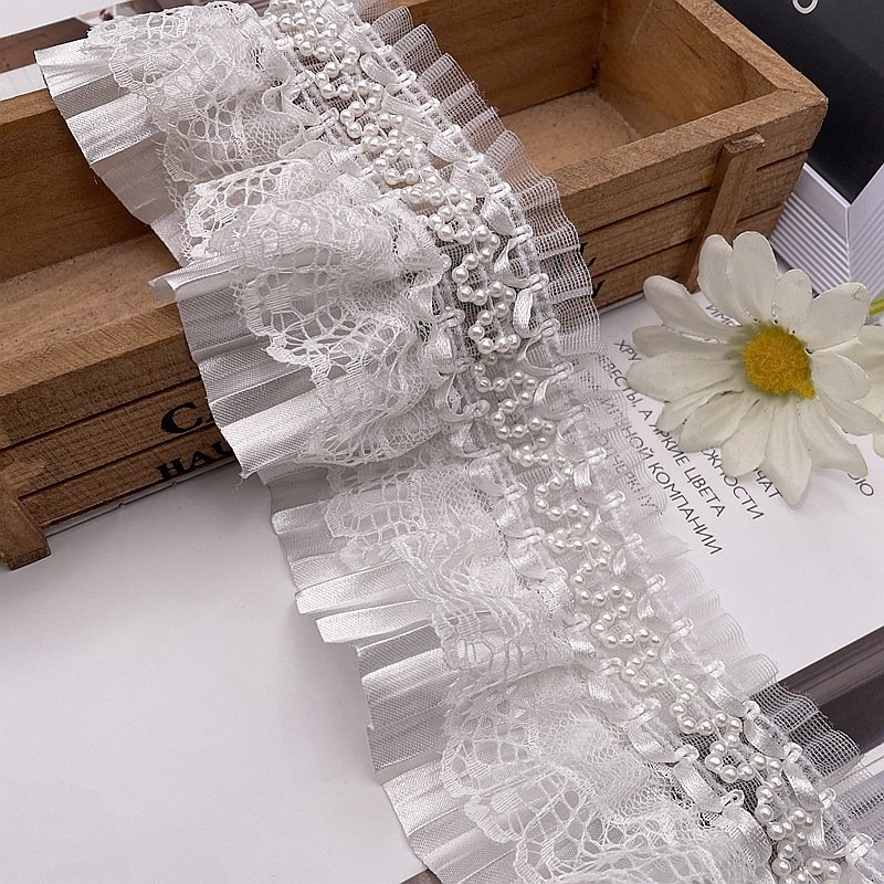 Bridal Wedding Pleated Organza Carnival Curtain Decorative Haberdashery Trimmings Pearl French Lace Trim Embroidery For Dress