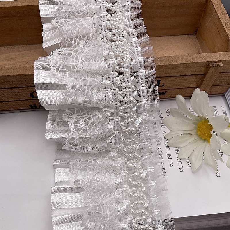 Bridal Wedding Pleated Organza Carnival Curtain Decorative Haberdashery Trimmings Pearl French Lace Trim Embroidery For Dress