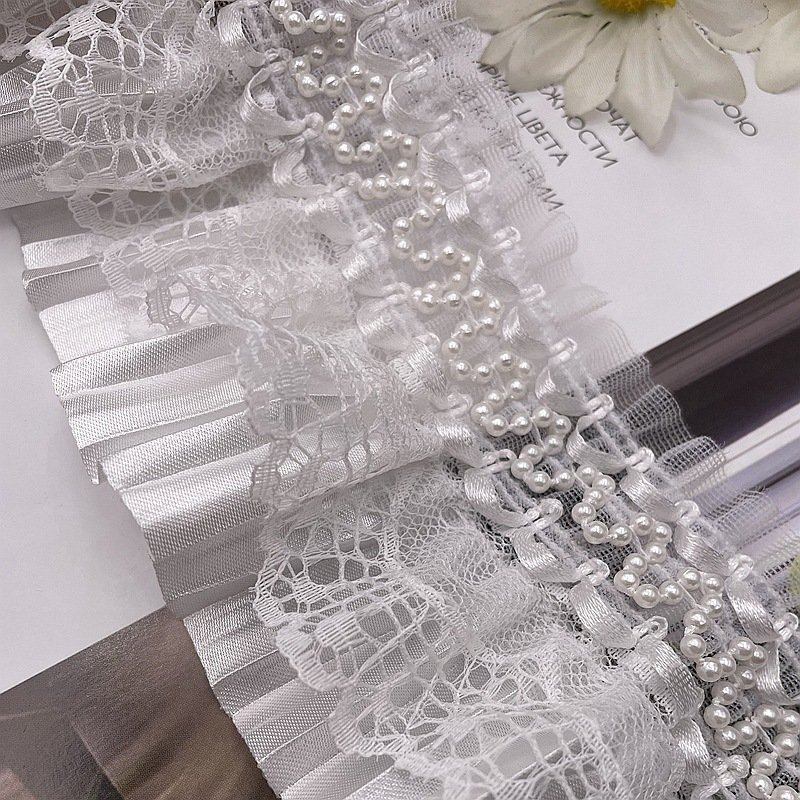 Bridal Wedding Pleated Organza Carnival Curtain Decorative Haberdashery Trimmings Pearl French Lace Trim Embroidery For Dress