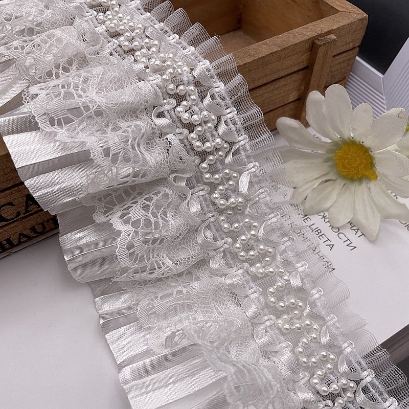 Bridal Wedding Pleated Organza Carnival Curtain Decorative Haberdashery Trimmings Pearl French Lace Trim Embroidery For Dress