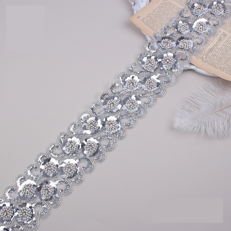 Wholesale 3d Polyester Beaded Sequin Trimming Flower Lace Trim Embroidery Beaded Sequined Lace Trim