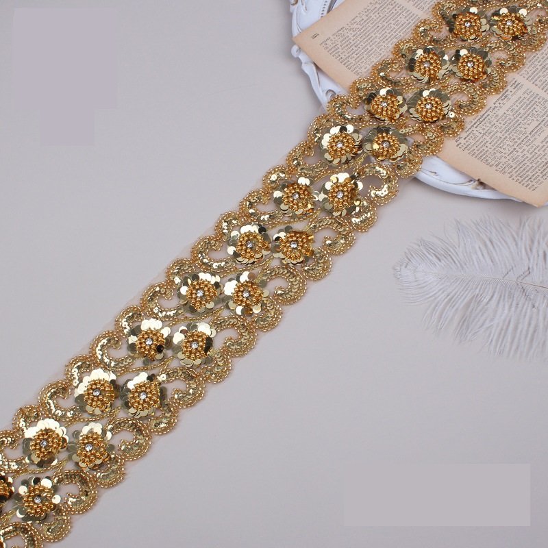 Wholesale 3d Polyester Beaded Sequin Trimming Flower Lace Trim Embroidery Beaded Sequined Lace Trim